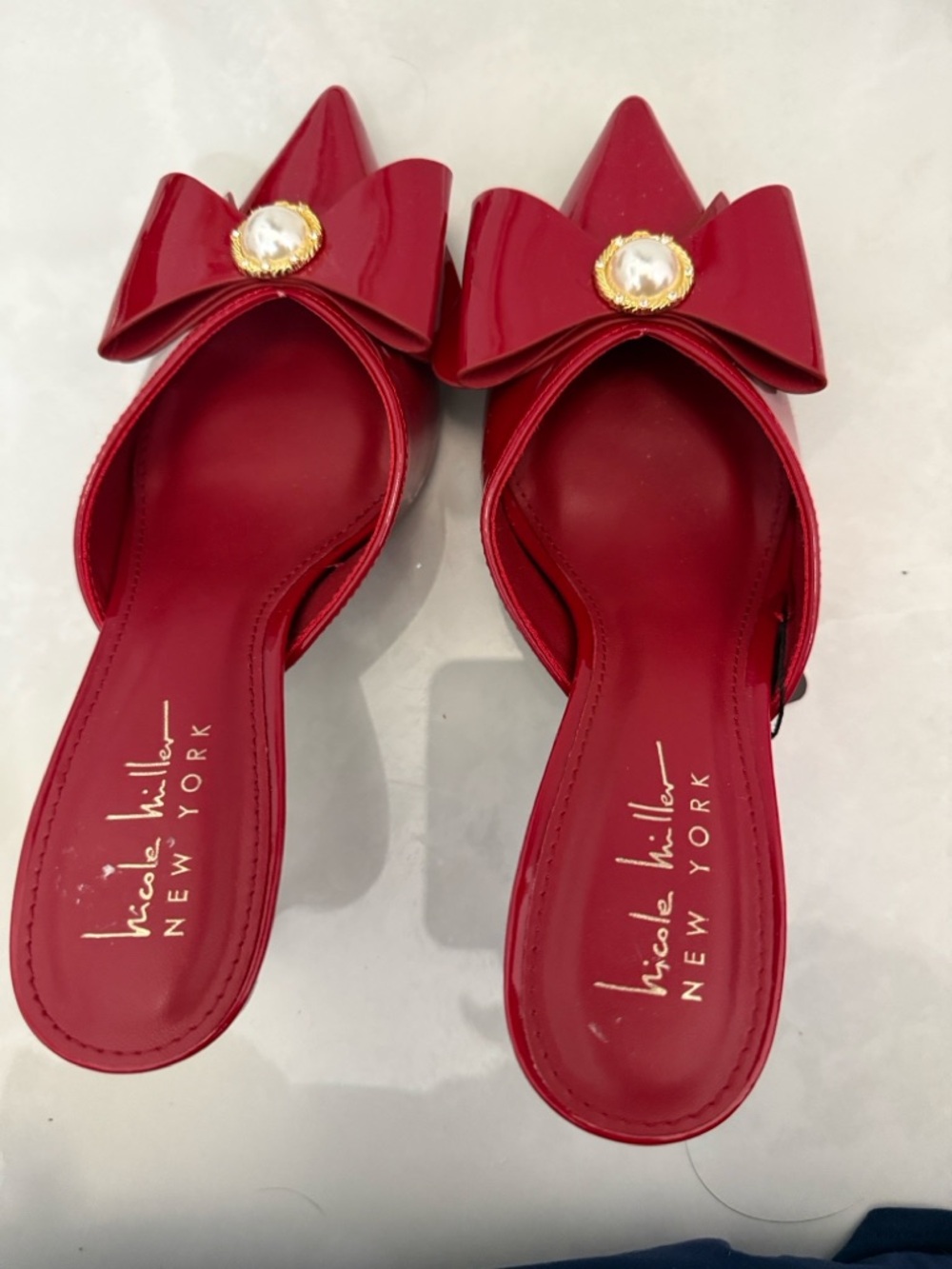 Nicole Miller Red Pointed Bow Mules with Pearl Accent